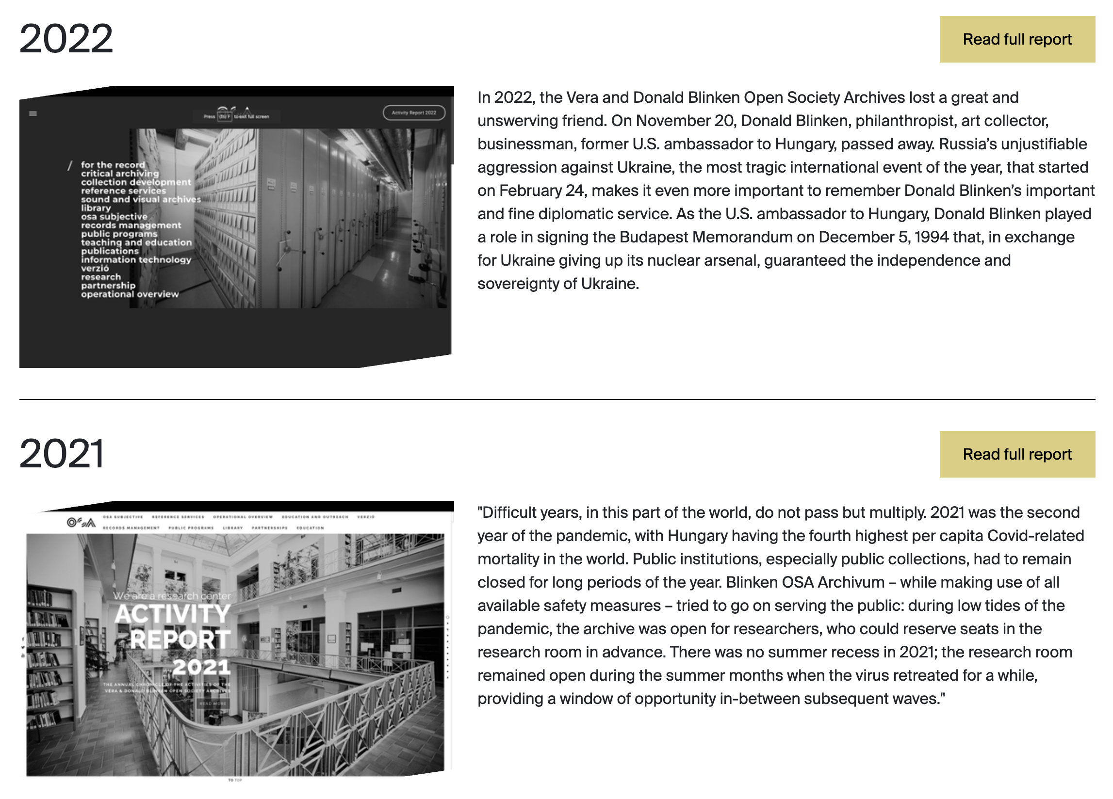 Two Annual Report cards showing their years, report cover images, descriptions, and Read full report buttons