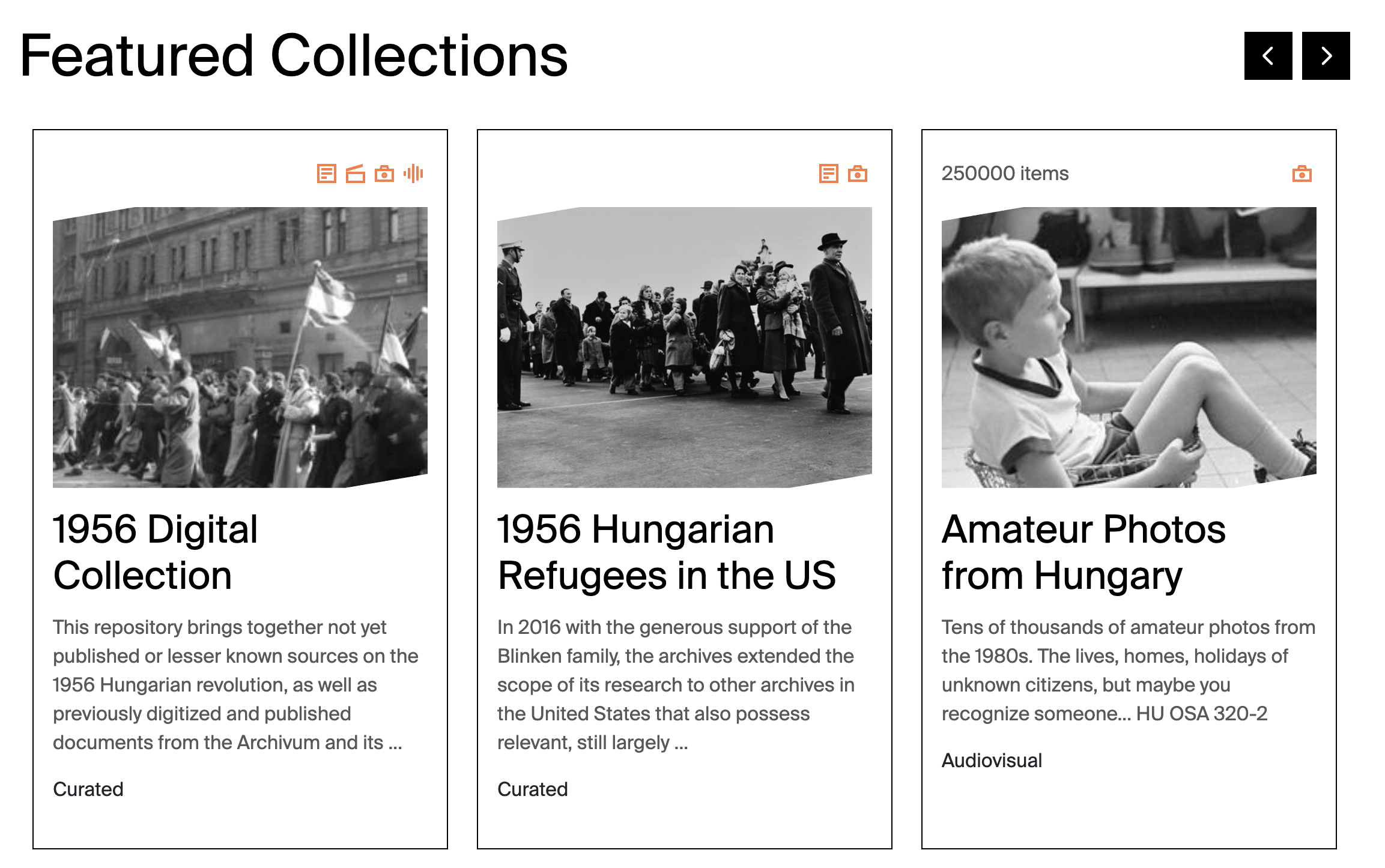 The homepage Featured Collections carousel showing three Collection cards with images, titles, summaries, material icons, item count, and collection type