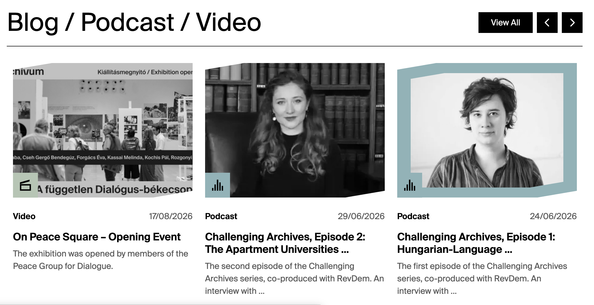The homepage Blog, Podcast, and Video carousel showing three Entry cards with images, profile-coloured icon tiles, type labels, dates, titles, and summaries