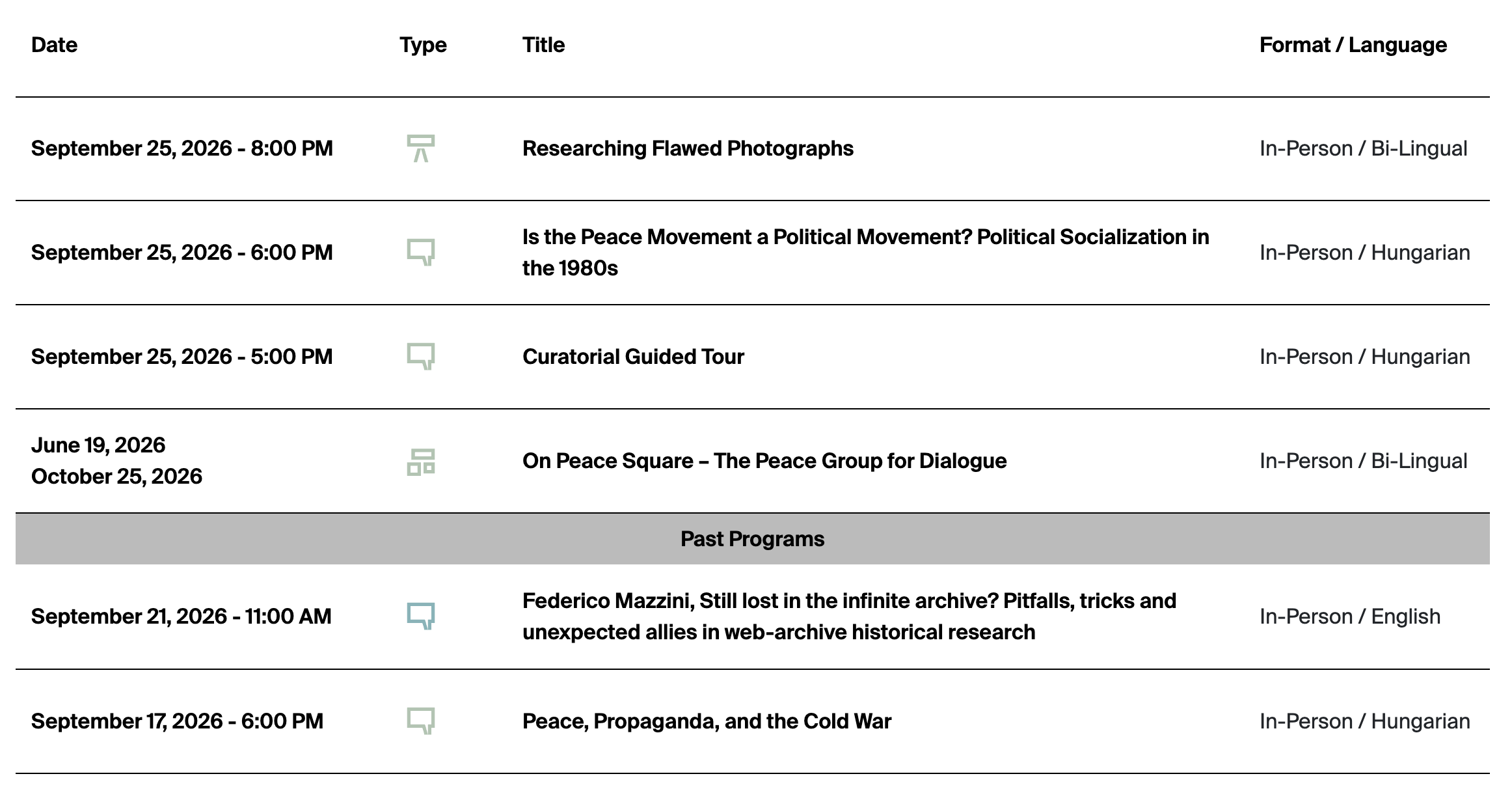 The Program Calendar showing Event rows with date, profile-coloured type icon, title, hosting format, and language