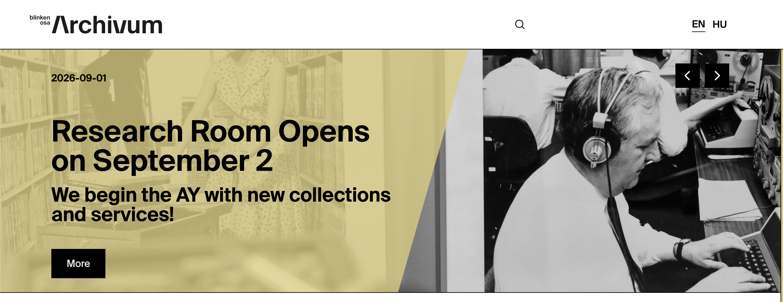 The Archivum homepage showing a yellow Home Page Carousel slide with its date, title, subtitle, button, background image, and navigation arrows