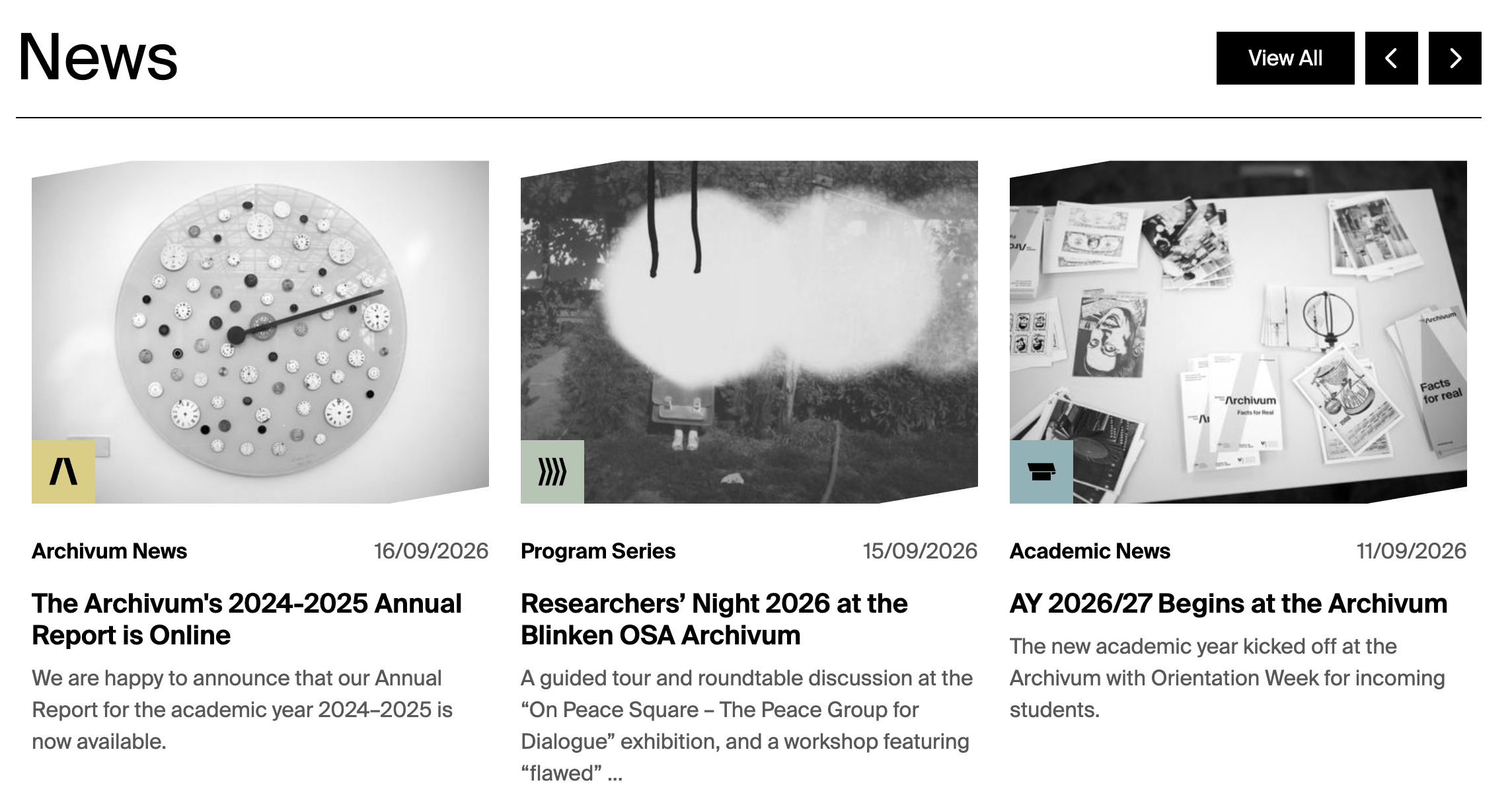 The homepage News carousel showing three cards with profile-coloured icon tiles, activity labels, dates, titles, images, and summaries