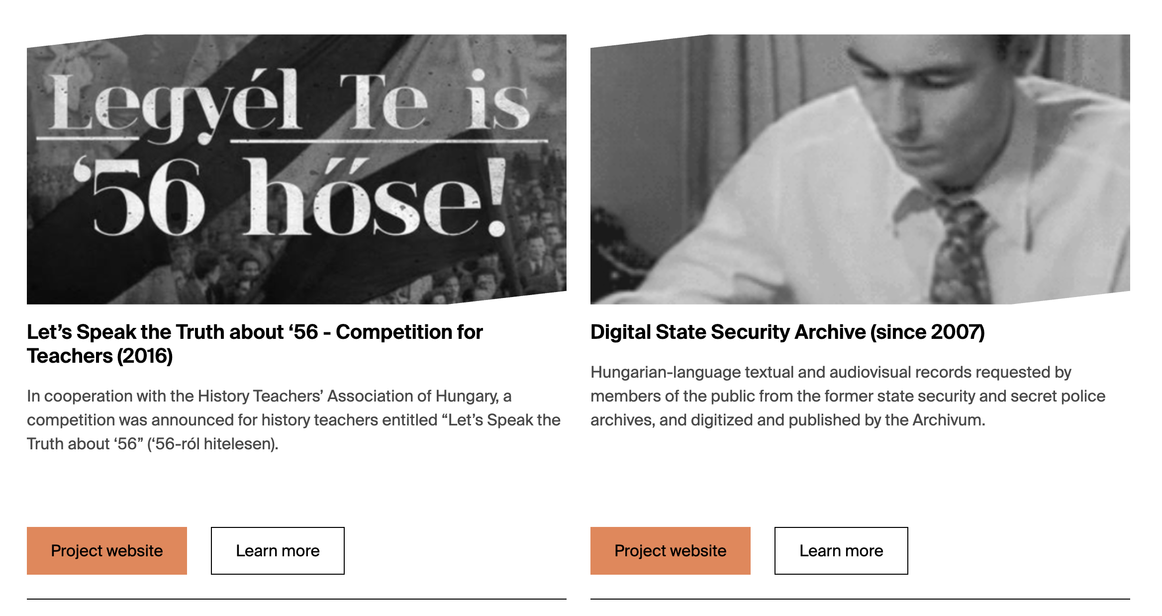 Two Archival Project cards with images, titles, summaries, orange Project website buttons, and Learn more buttons