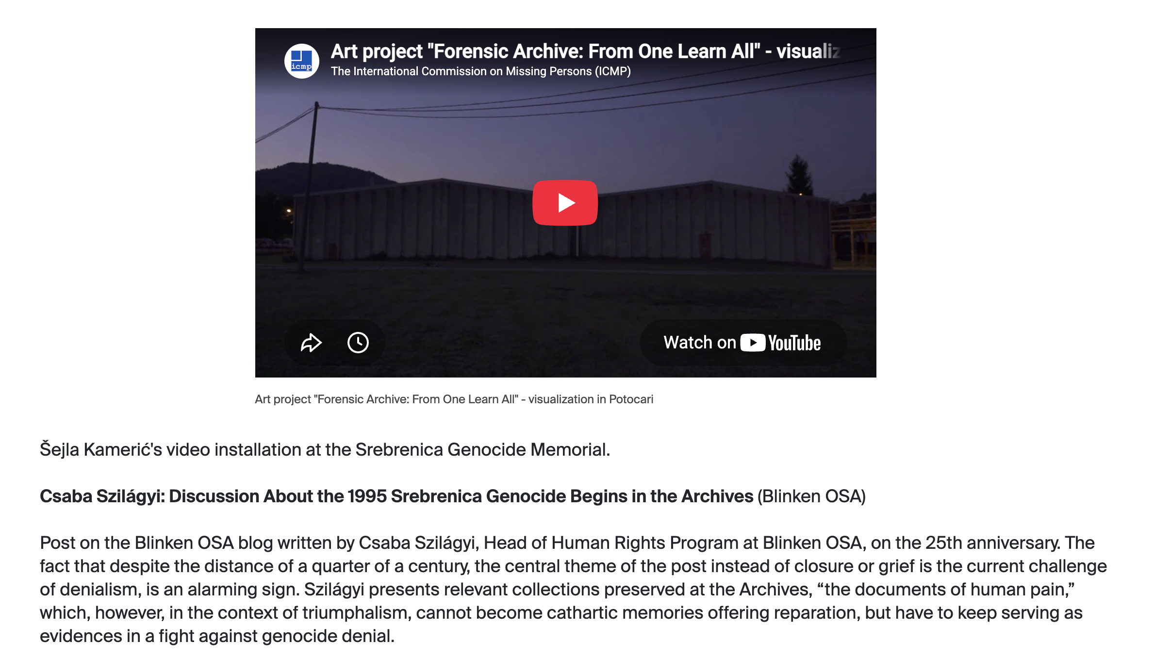 An embedded YouTube player with its video caption displayed immediately below